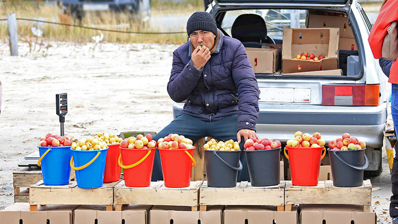 В сумке 5 килограмм овощей. Крупные торговцы продуктами в Иркутске. Торговцы с едой в Геншине.